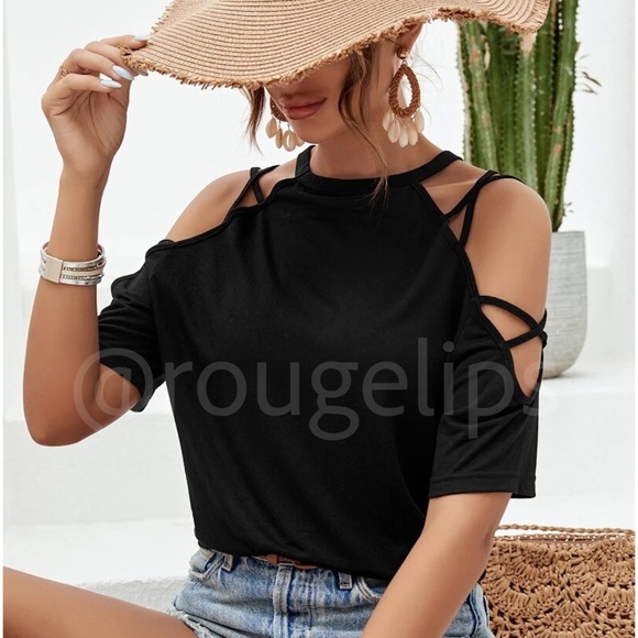 Rouge! Tops - Black Strappy Short Sleeve Tee Shirt Top Cold Shoulder